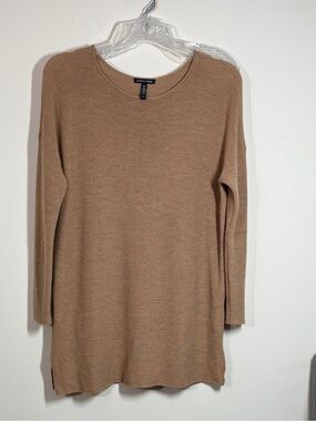 Eileen Fisher M Camel Tan Italian Merino Wool Scoop Neck Sweater Tunic